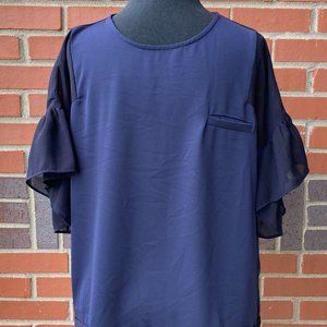 NEW Navy Ruffle Sleeve Sheer Top